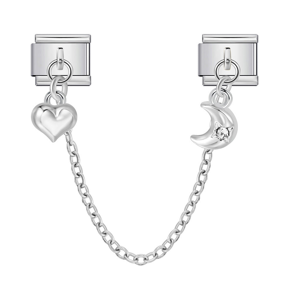 New silver double pendant italian modular bracelet - stainless steel hook diy stretchable link chain