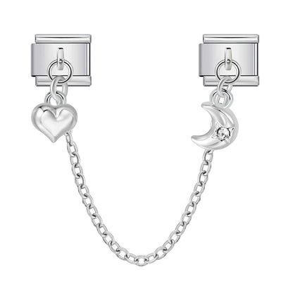 New silver double pendant italian modular bracelet - stainless steel hook diy stretchable link chain