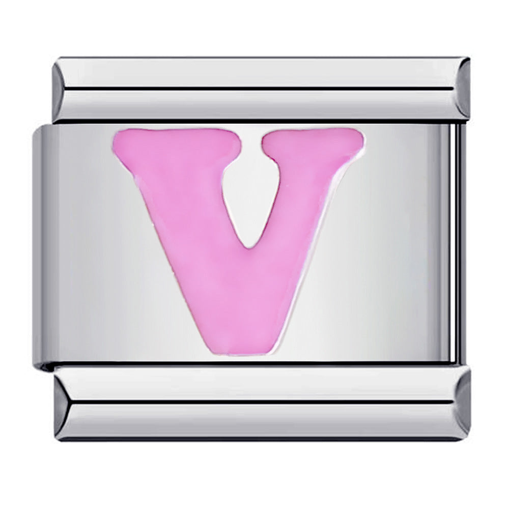 Pink Enamel Alphabet Stainless Steel Italian Charm Links