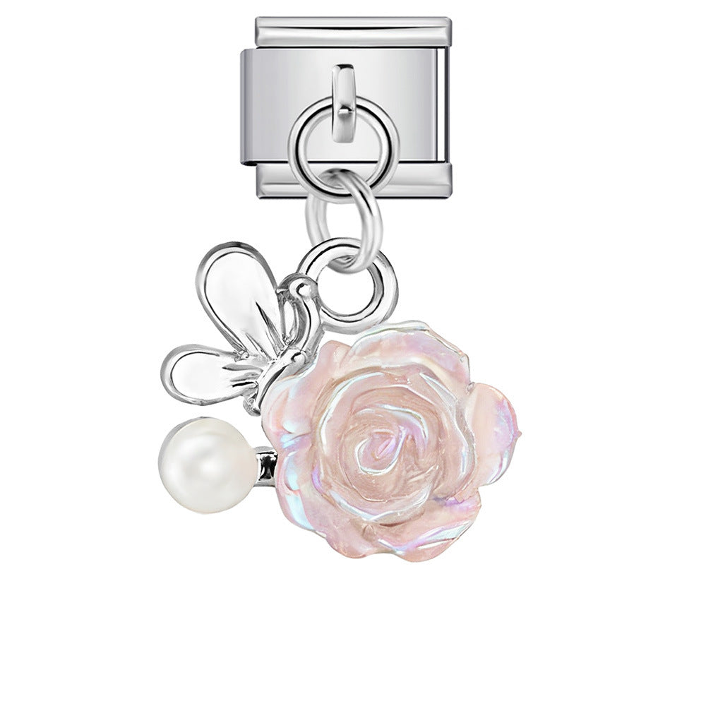 Love flower pendant Italian module bracelet, single hook stainless steel elastic splicing strap chain