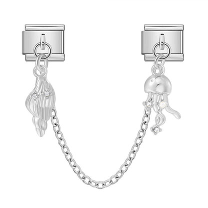 New silver double pendant italian modular bracelet - stainless steel hook diy stretchable link chain