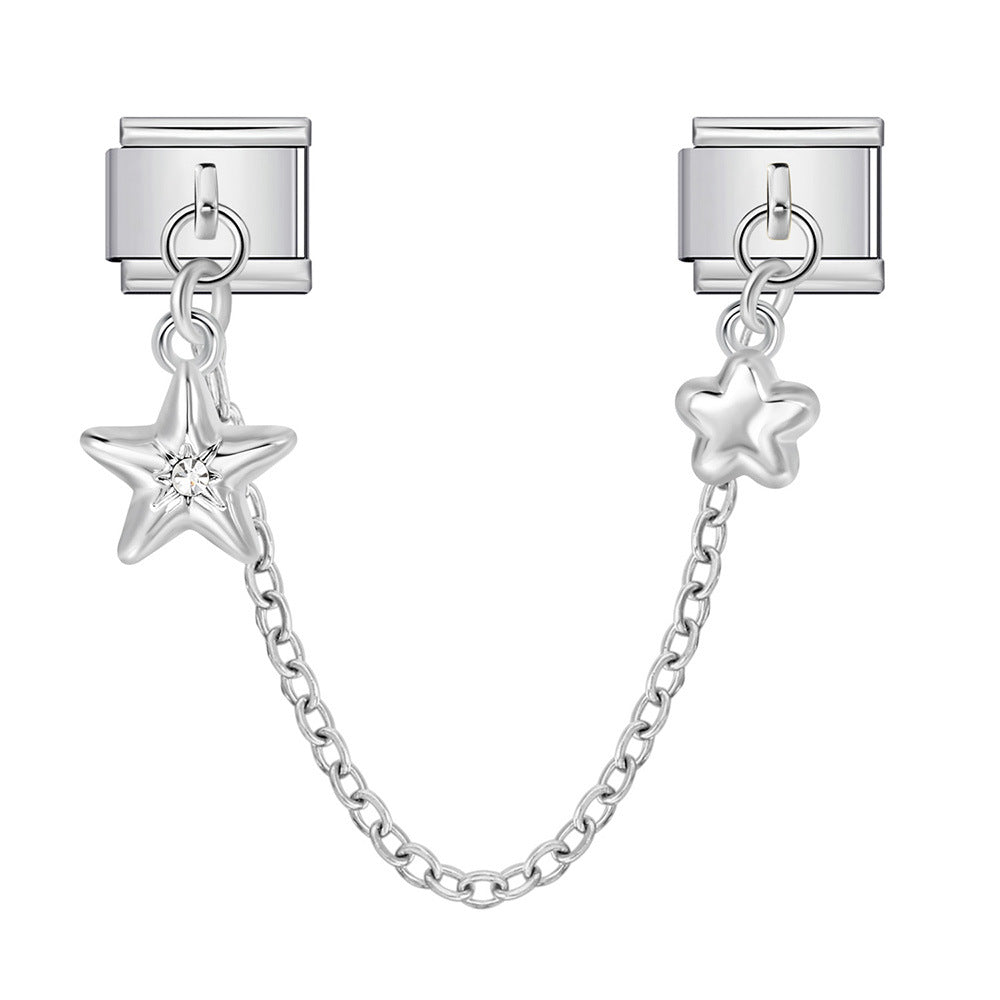 New silver double pendant italian modular bracelet - stainless steel hook diy stretchable link chain
