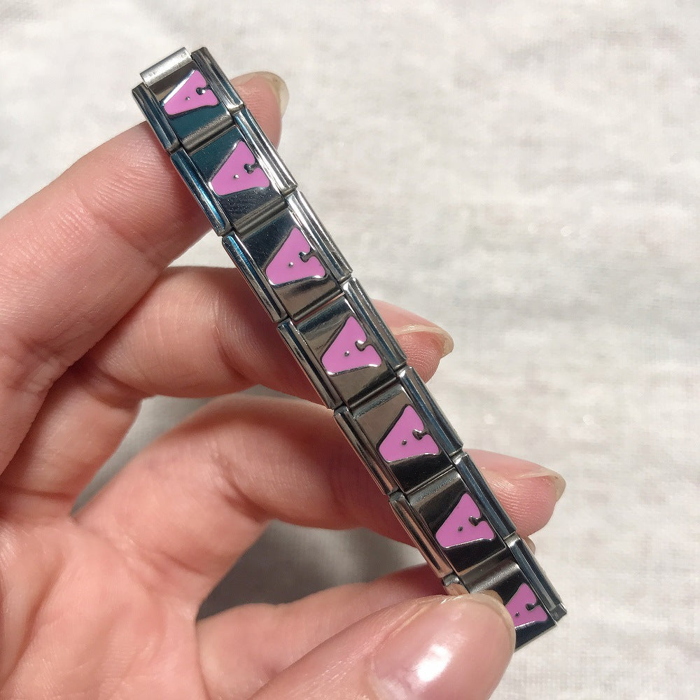 Pink Enamel Alphabet Stainless Steel Italian Charm Links