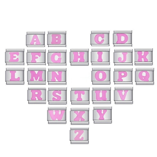 Pink Enamel Alphabet Stainless Steel Italian Charm Links