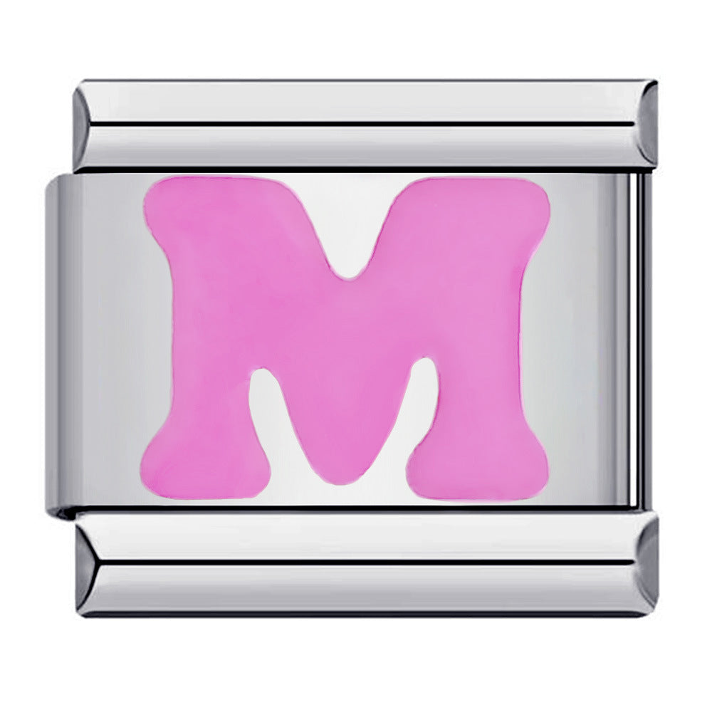 Pink Enamel Alphabet Stainless Steel Italian Charm Links