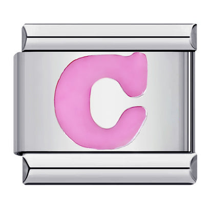 Pink Enamel Alphabet Stainless Steel Italian Charm Links