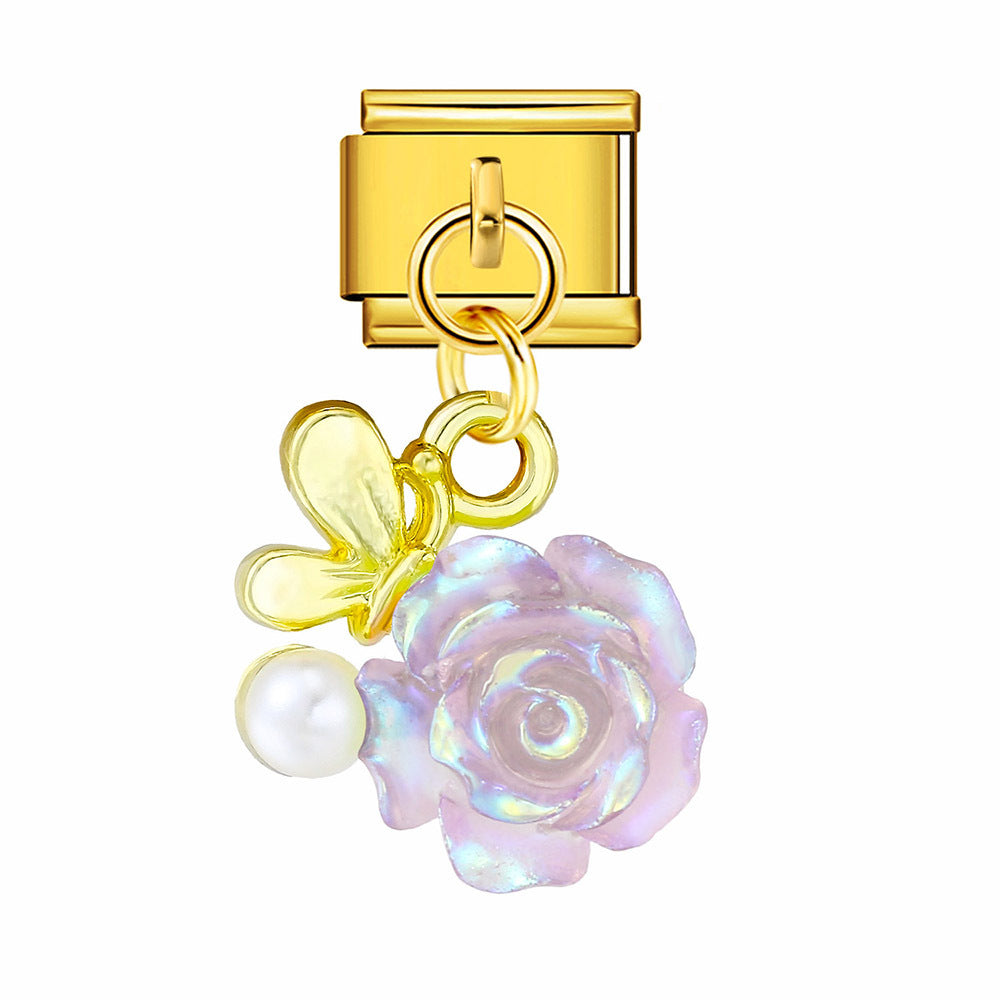 Love flower pendant Italian module bracelet, single hook stainless steel elastic splicing strap chain