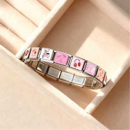 Pink italian modular bracelet - detachable stainless steel diy stretch bracelet - perfect gift for girls